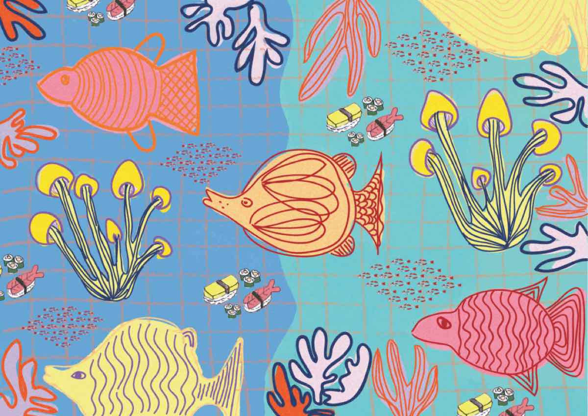 Playful fish, coral, kelp and plates of sushi on blue and turquoise tiles
