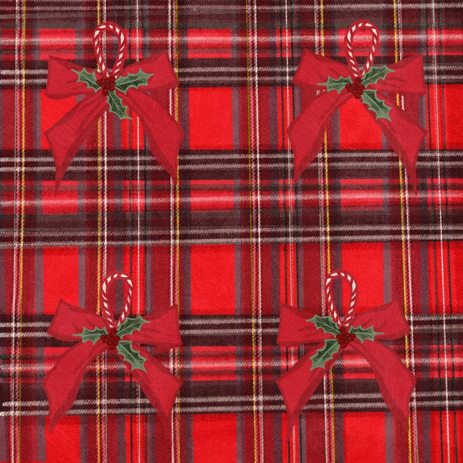 Red bows with holly and candy-cane ribbons on red tartan