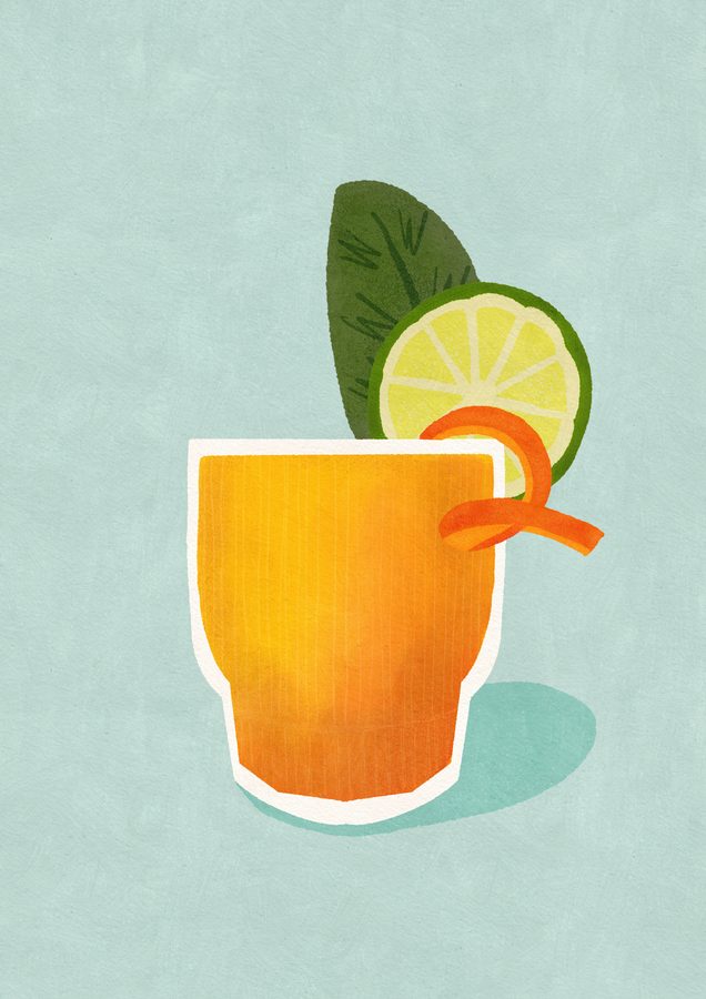An orange cocktail with a lime wheel, a twist of peel and a leaf on pale aqua