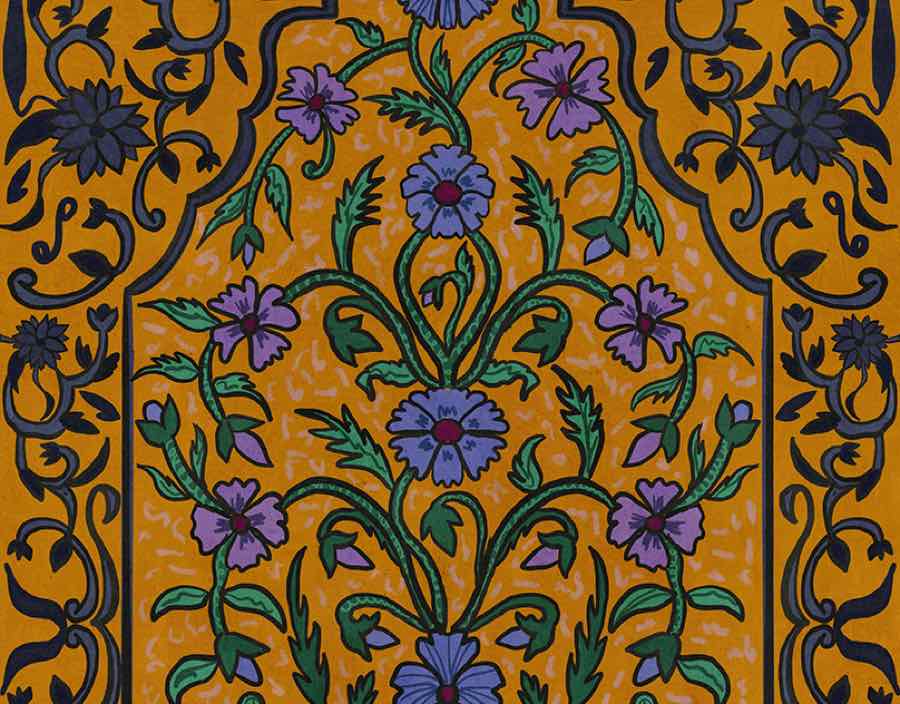 Floral Pattern: purple flowers on twisting vines over ochre