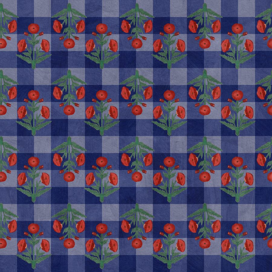 Red poppies on a navy and blue gingham check