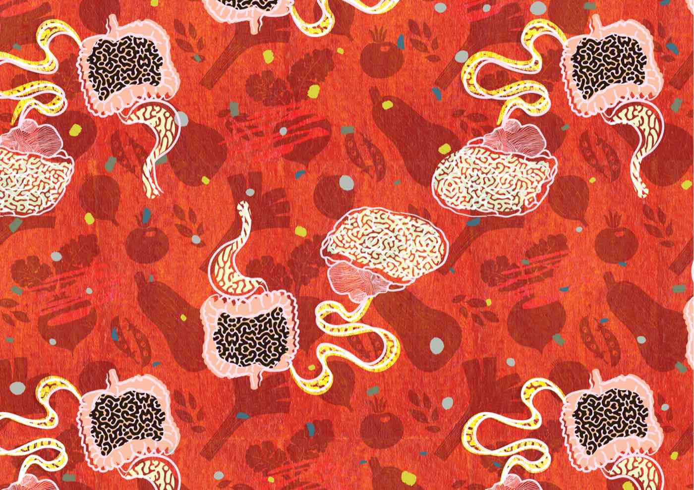 Repeat pattern of guts, intestines and brains among vegetables on a textured red ground