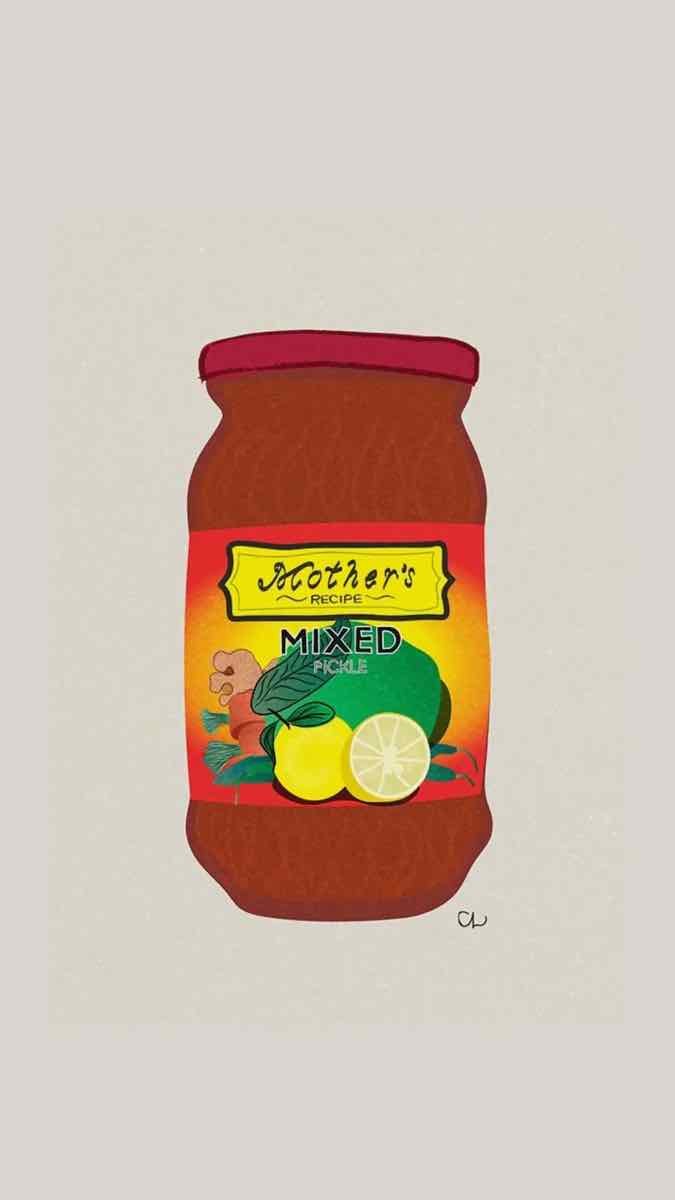 A jar of Mother’s Recipe mixed pickle with lemons on the label