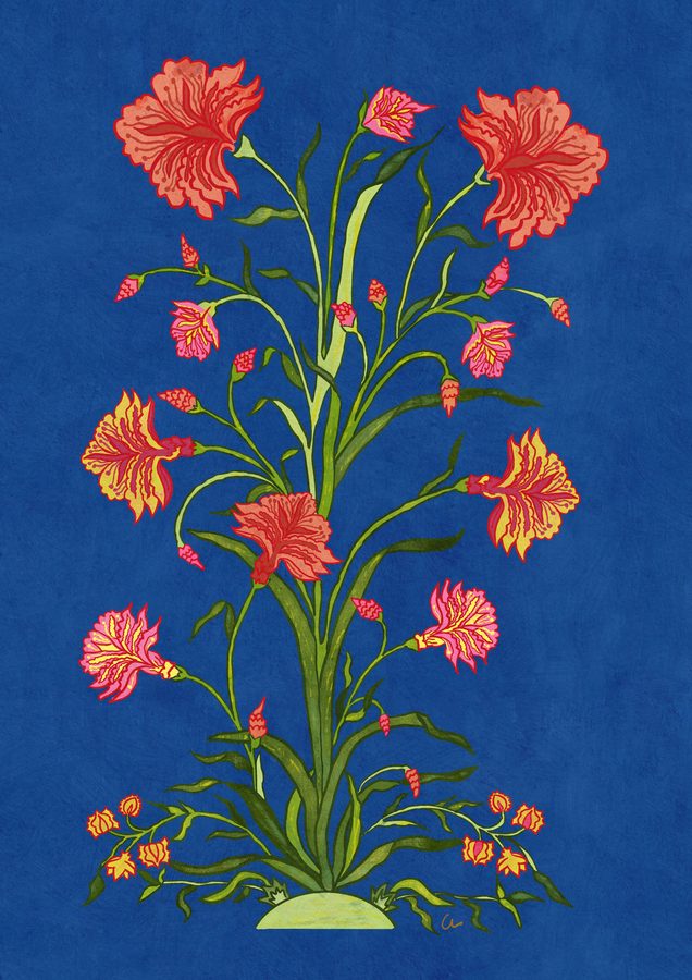A tall coral flowering plant in the Mughal style on deep blue