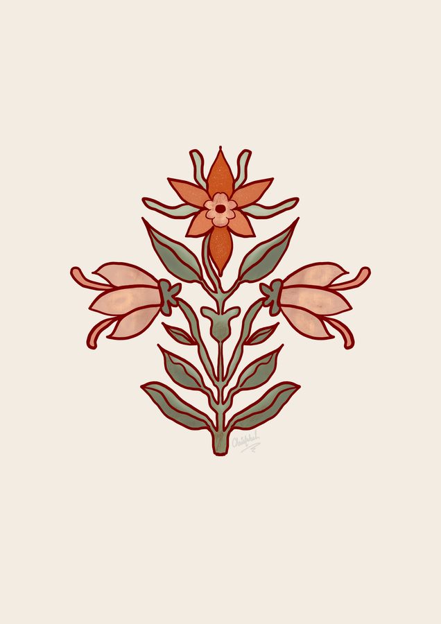 A single Mughal-style flowering plant in coral, pink and sage