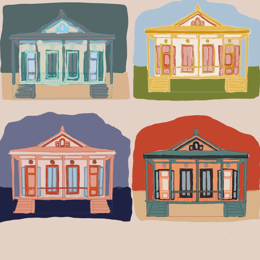 Four New Orleans shotgun houses painted in different colourways