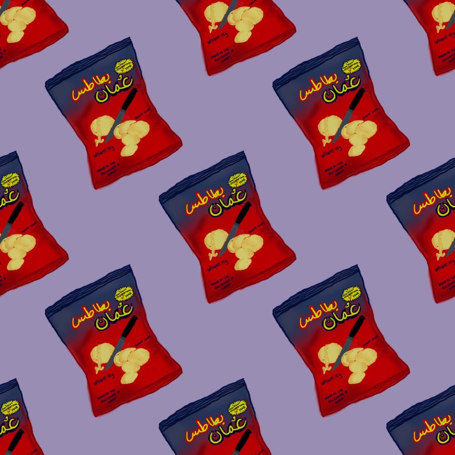 Repeat pattern of red Oman Chips packets on lilac
