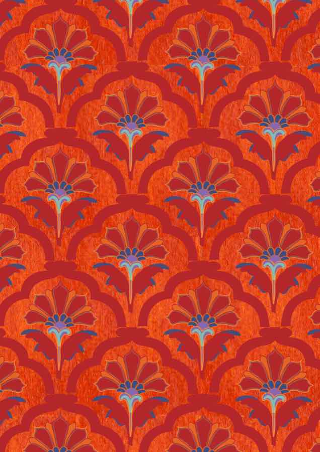 Palace Pattern: red scallops with blue and pink flowers