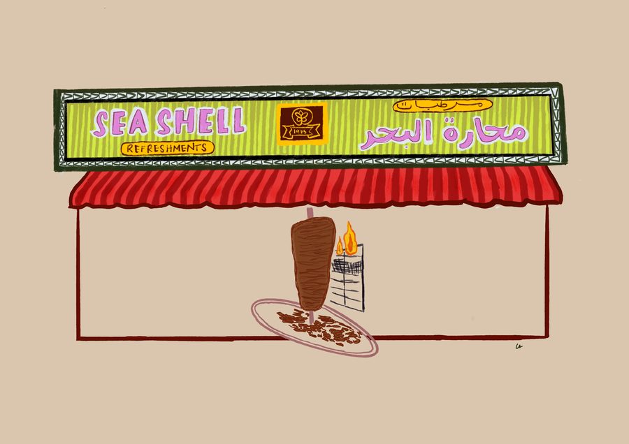 A shawarma spit under the green Sea Shell Cafeteria sign in Dubai