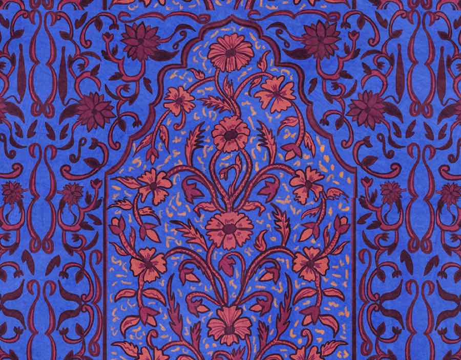 South Indian Floral Pattern: coral flowers in a blue arched panel