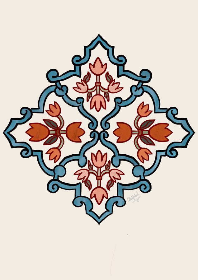 A blue lobed tile motif filled with pink and coral flowers, inspired by South India