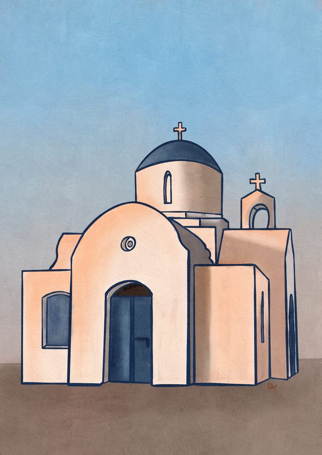 A peach whitewashed chapel with a blue dome and crosses under a pale blue sky