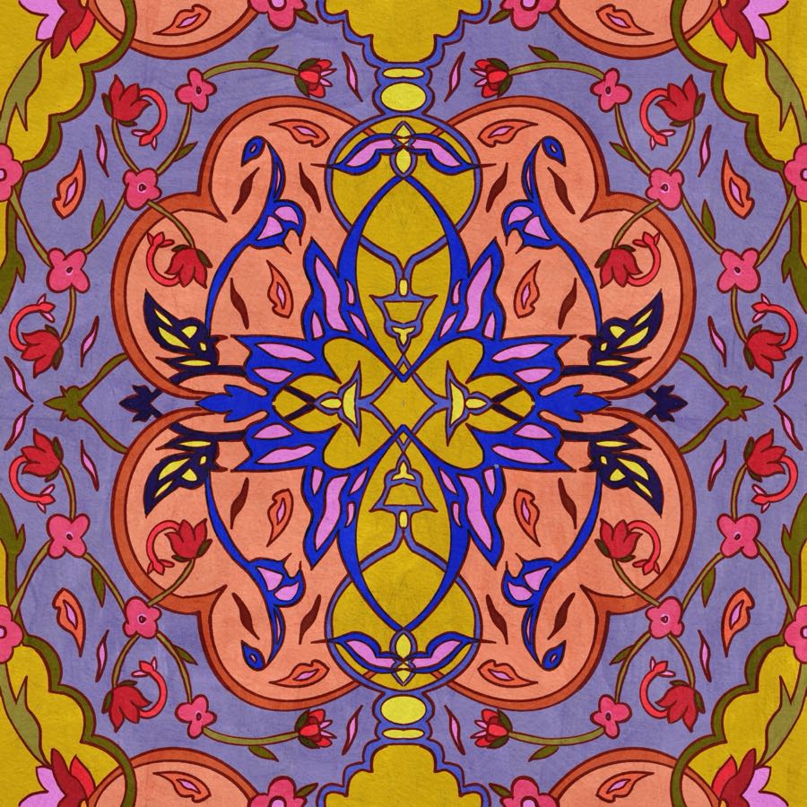 Lilac and orange arabesque tile repeat pattern