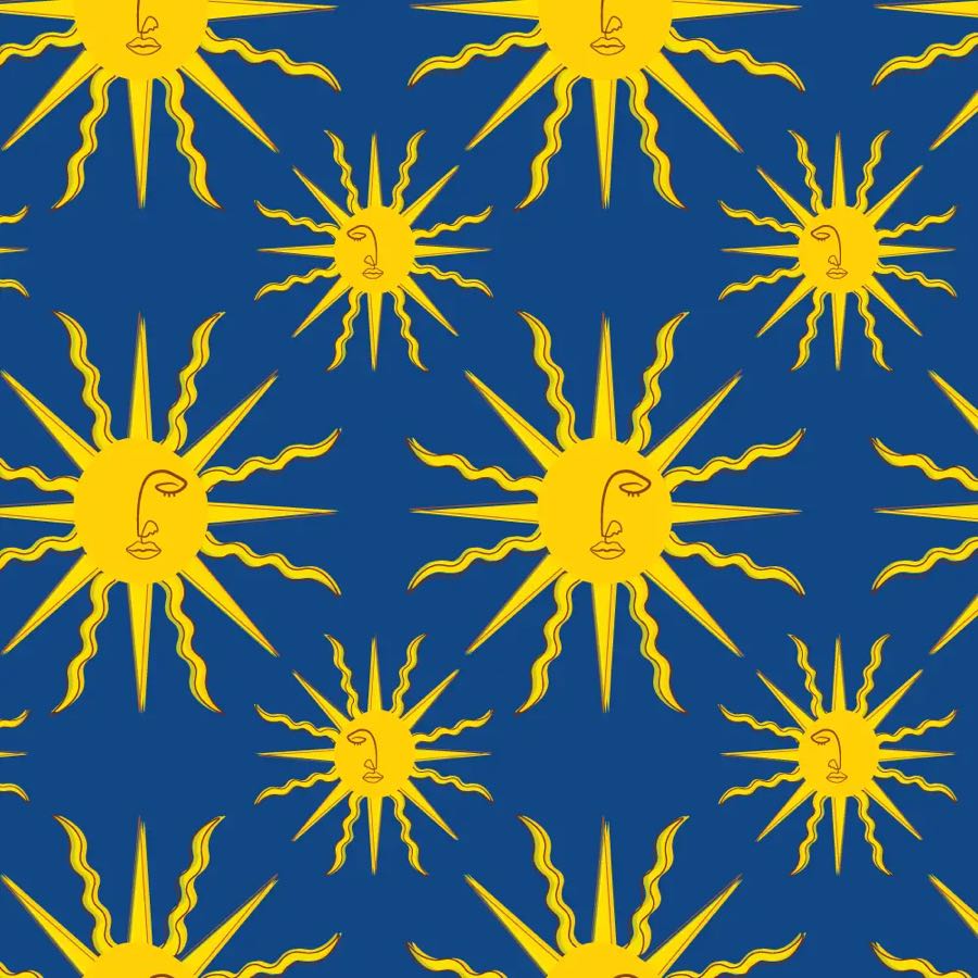 Golden sun faces repeat pattern on blue