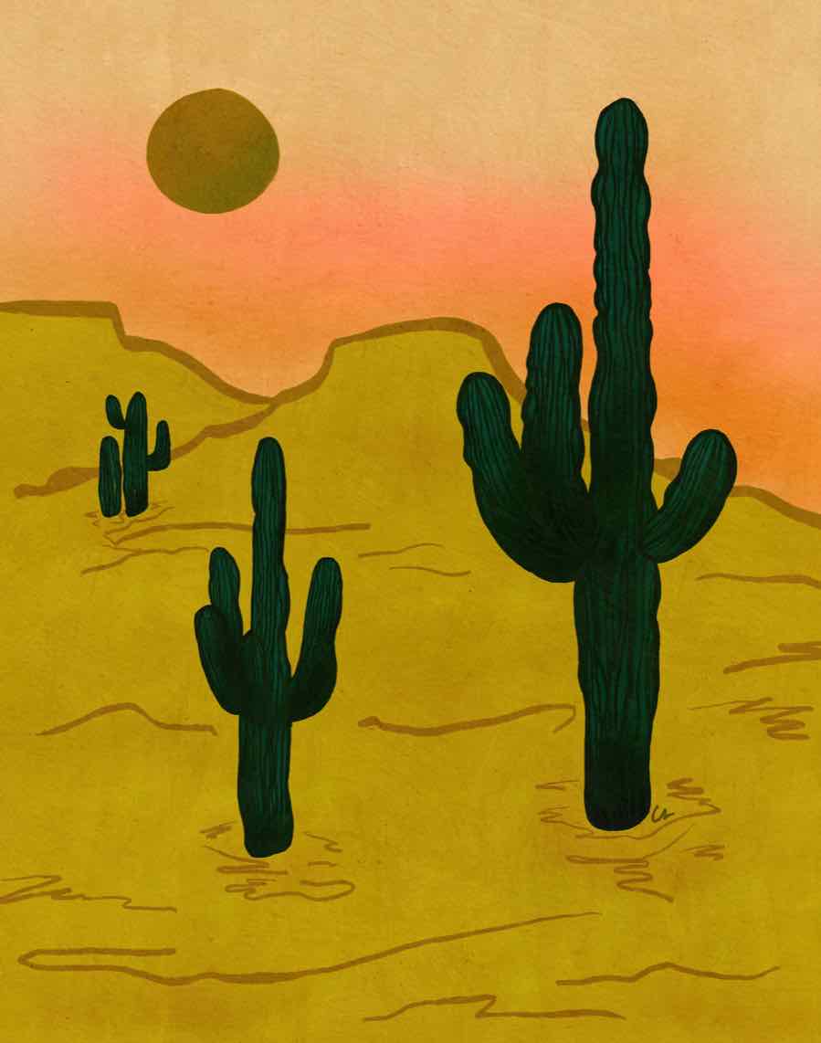 Saguaro cacti in an ochre desert under a peach sky and dark sun