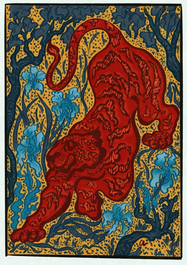 Gouache illustration of a red tiger prowling through blue and yellow foliage