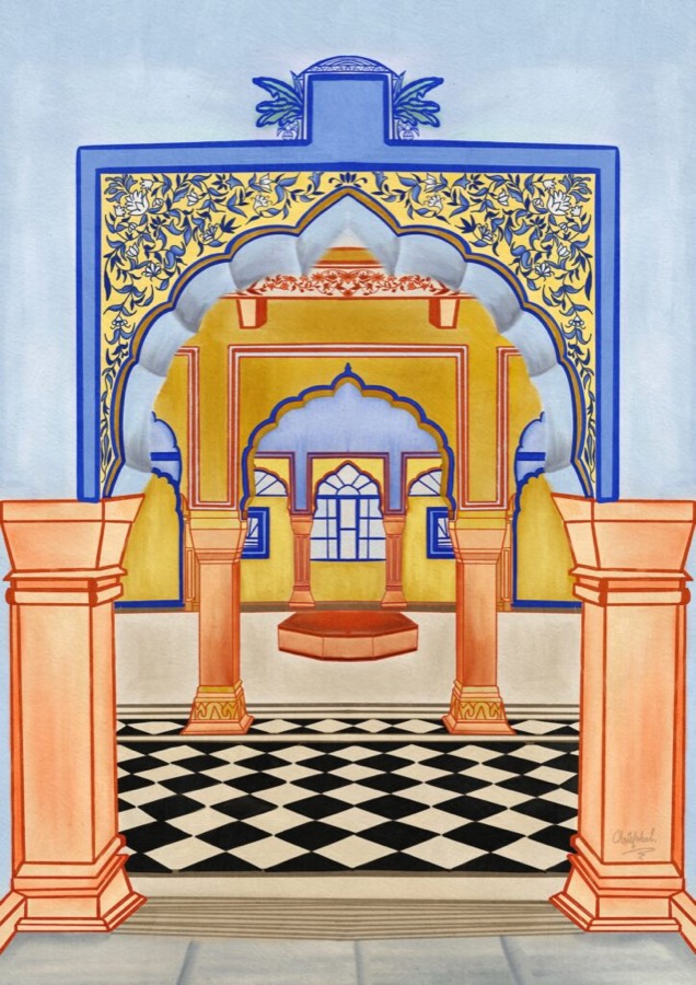 Gouache illustration of a palace courtyard in Jaipur with scalloped arches and a black-and-white chequered floor