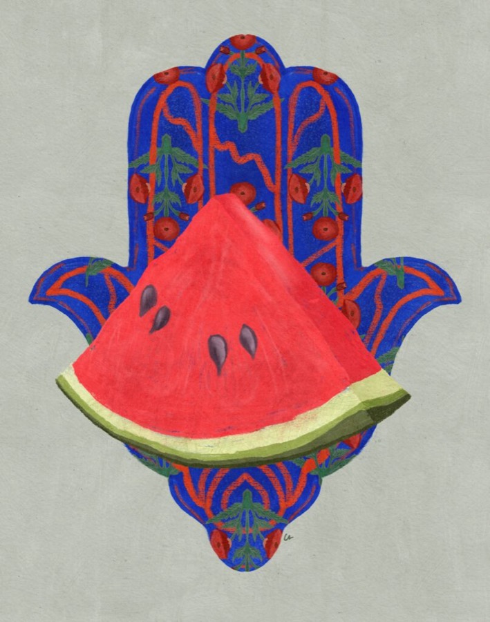 Gouache watermelon slice on a blue hamsa hand